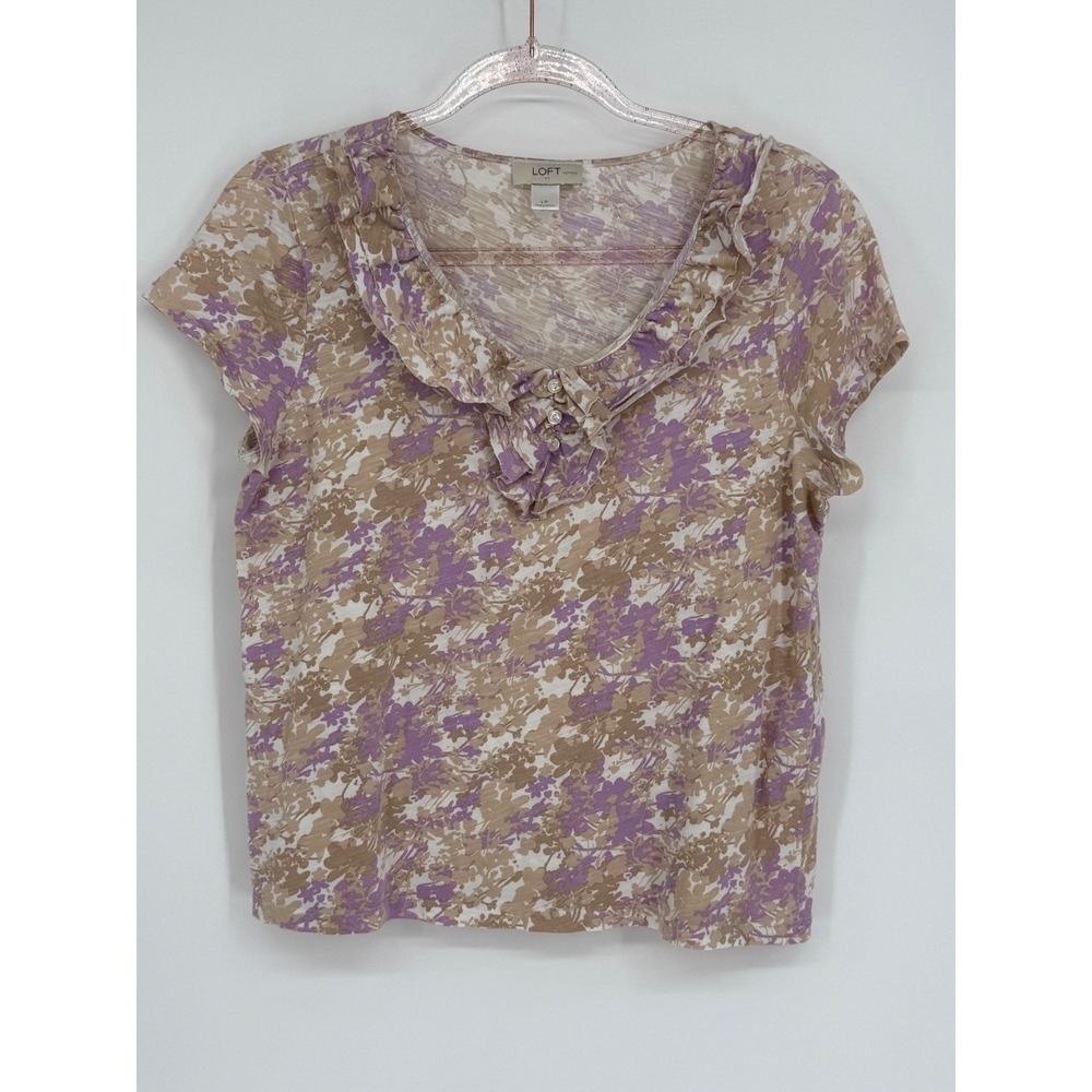 LOFT Petites Floral Print Ruffle Neck Short‎ Sleeve Top Blouse Size LP